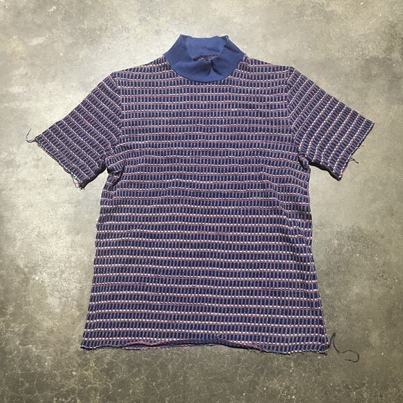 Vintage 60s Navy/Red Knit Mock Neck Pattern Shirt - Picture 1 of 4
